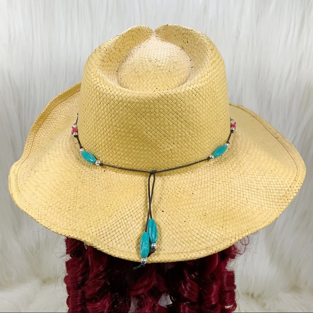 Golden Natural Fiber Cowboy Hat with Beaded Embellished String Tie Band
